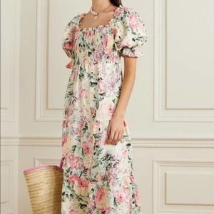 Faithfull the Brand Floral Midi Dress - Pink and Green, 100% Linen